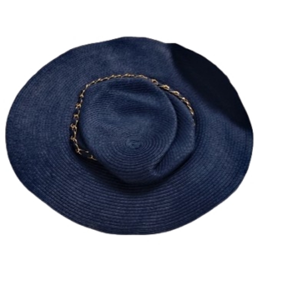 C. Wonder Gold Toned Chain Blue Straw Hat One Size